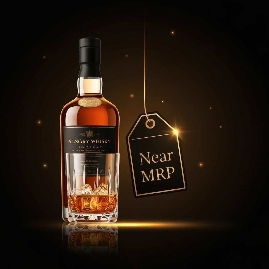 Premium whisky bottle and glass with Near MRP price tag