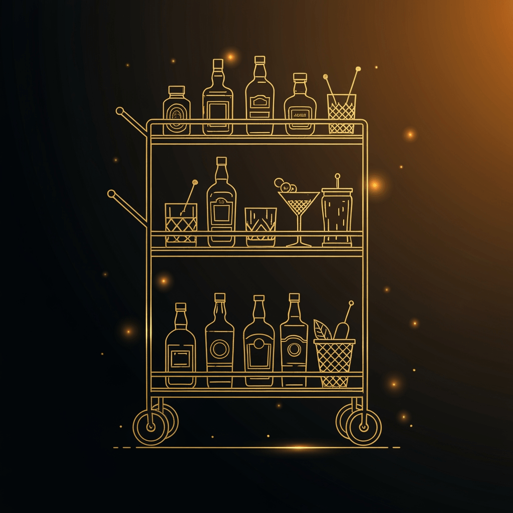 Premium gold line-art drinks trolley with bottles, glasses, and mixers